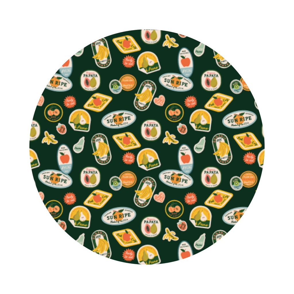 Fruit Stickers in Hunter  - Orchard by Rifle Paper Co. - Cotton + Steel Fabrics